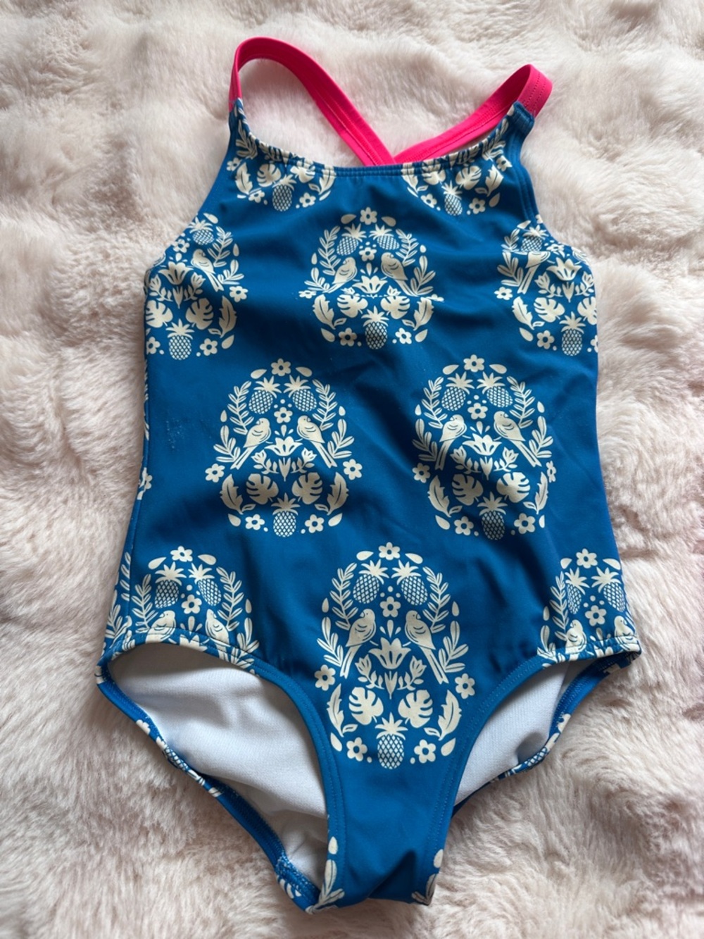 Boden Blue Floral-Print One-Piece Swimsuit with Pink Straps